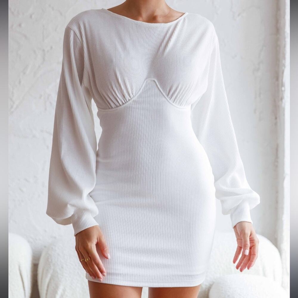 Here Comes The Sun White Ribbed Long Sleeve Dress